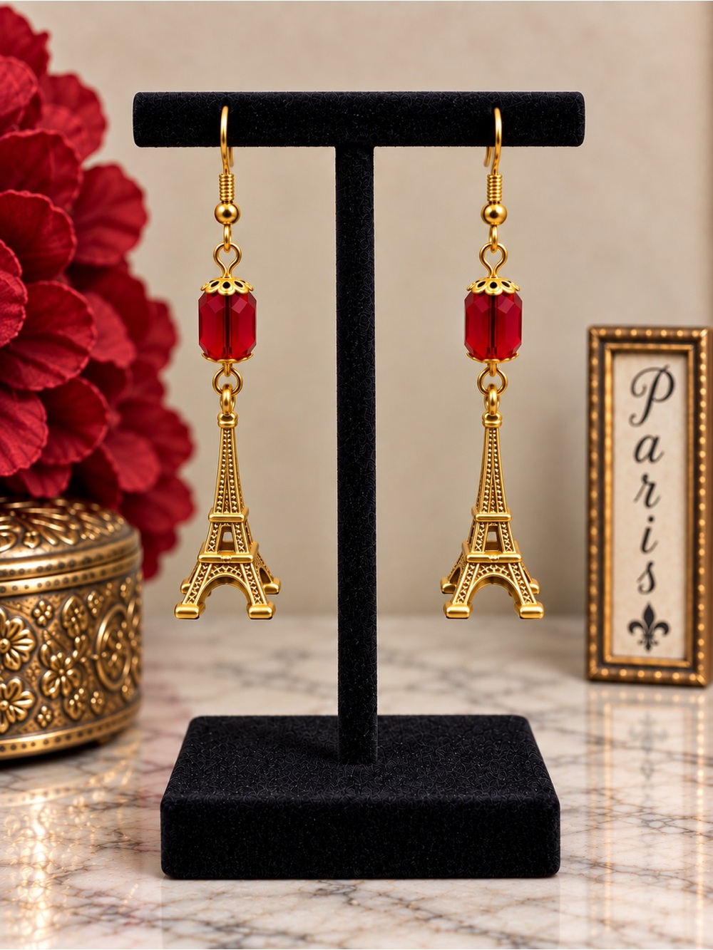 Eiffel Tower Dangle Earrings Ruby Red Glass Beads & Gold Tone Charm Paris Style